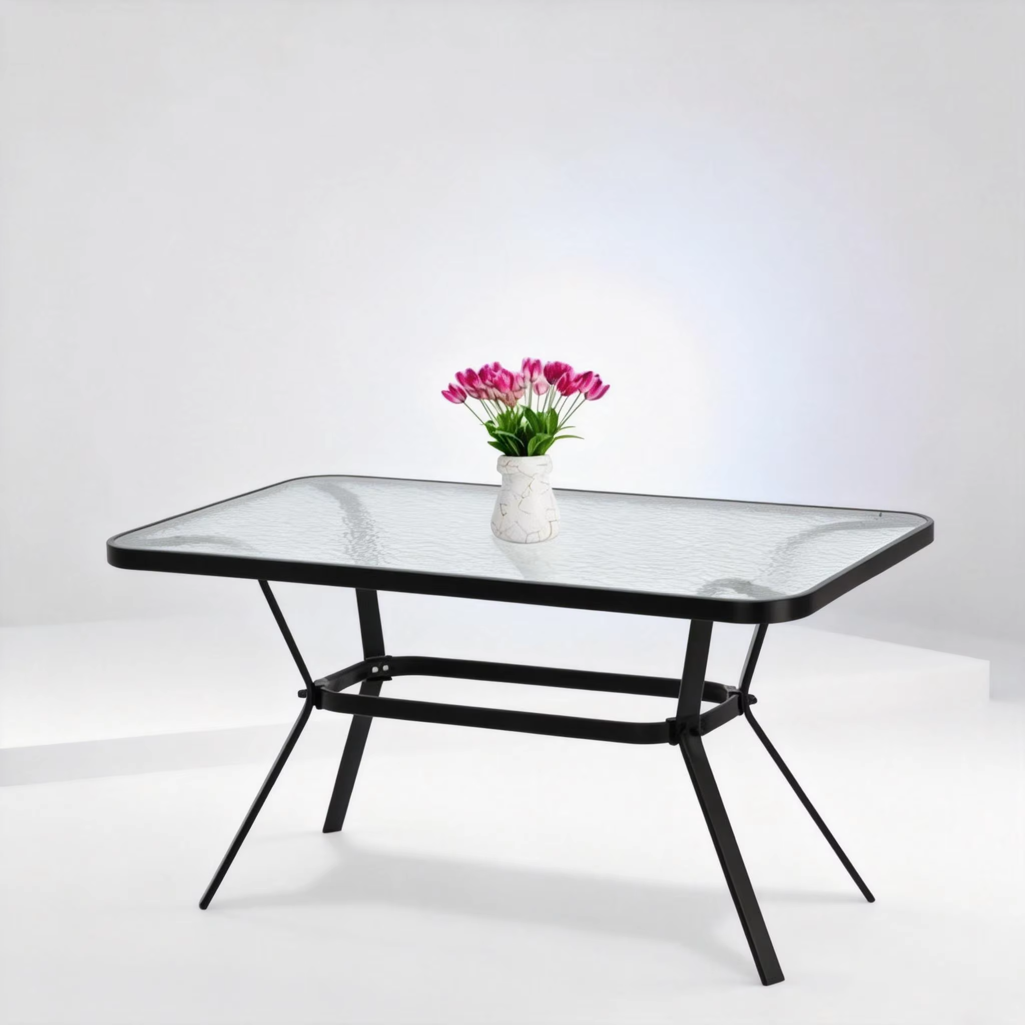 Gymbopro Outdoor Modern Metal Frame Courtyard Outdoor Furniture Set Water Grain Glass Table with Umbrella Hole