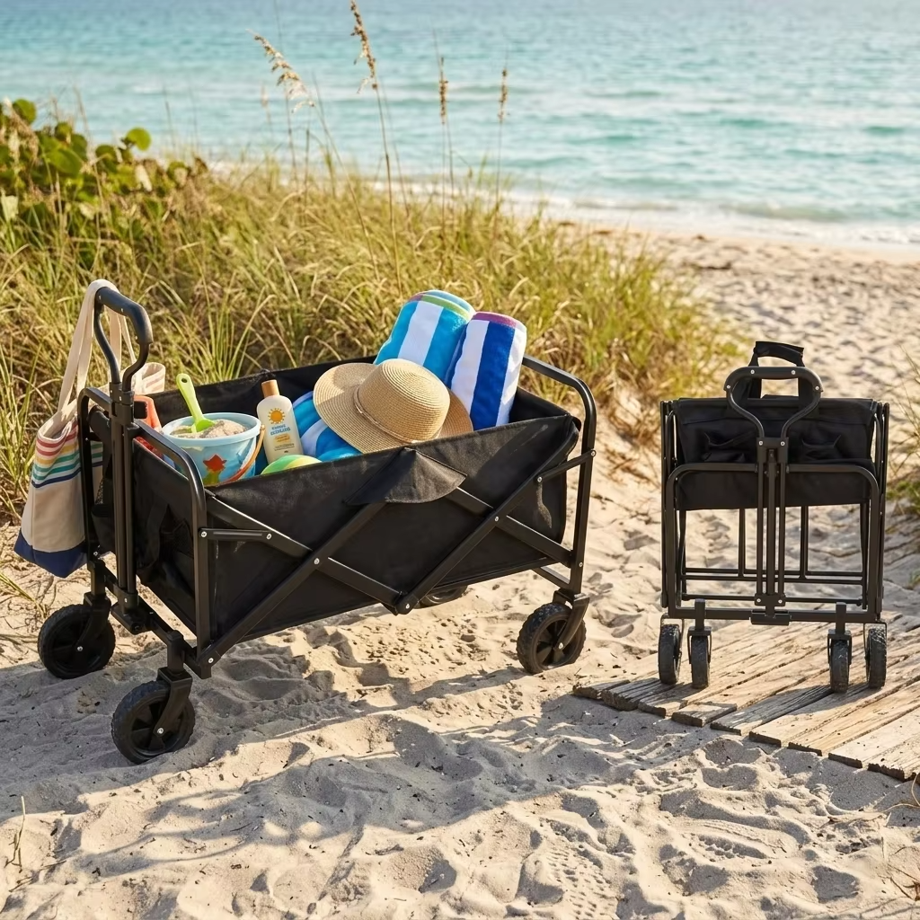 Portable Garden Foldable Sturdy Steel Frame Mesh Four-Wheel Cart OEM Picnic Camping Folding Wagon