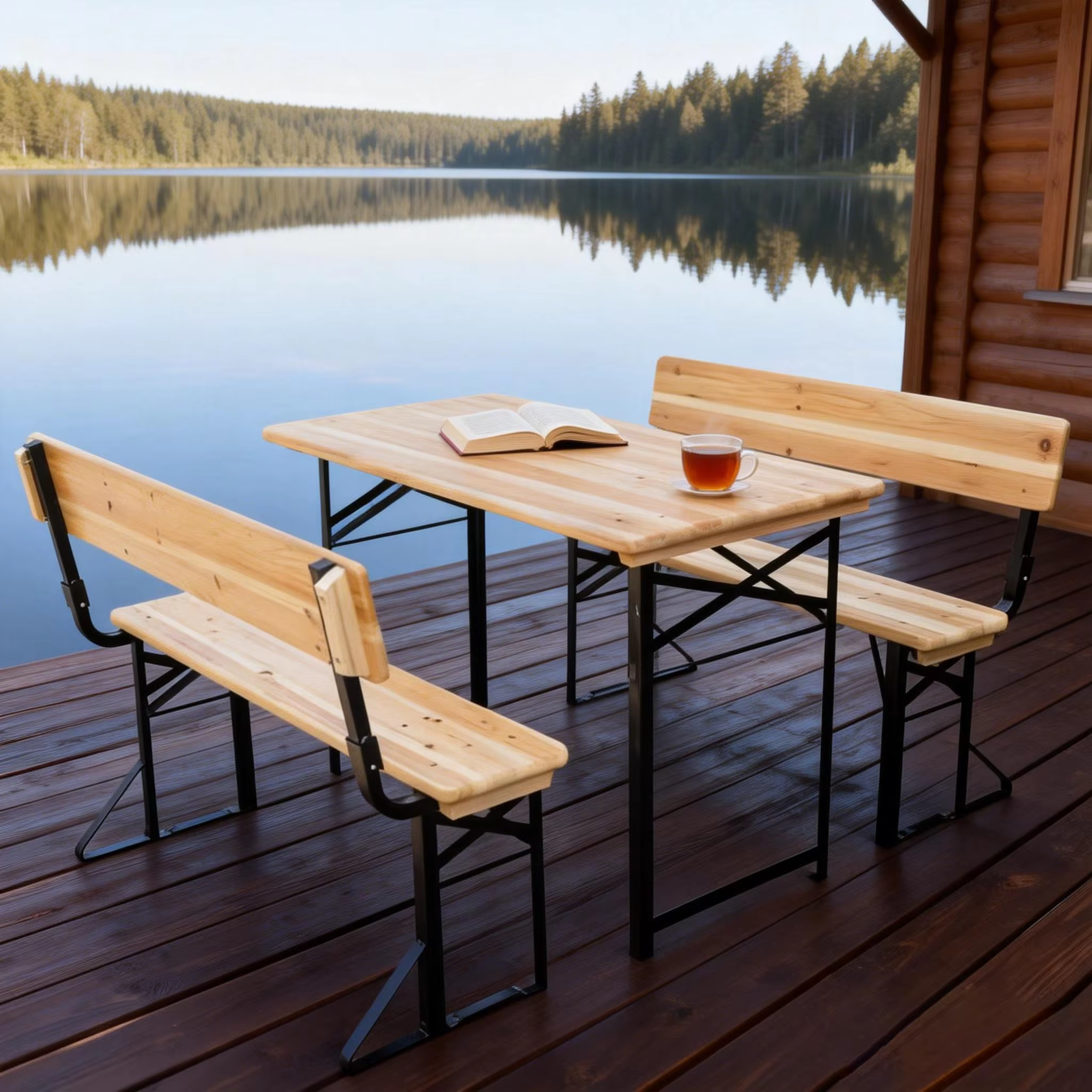 Wooden Folding Portable Party Beer Holder Bar Table Chair Set 3-piece Beer Table Set with Backrest Style Bench