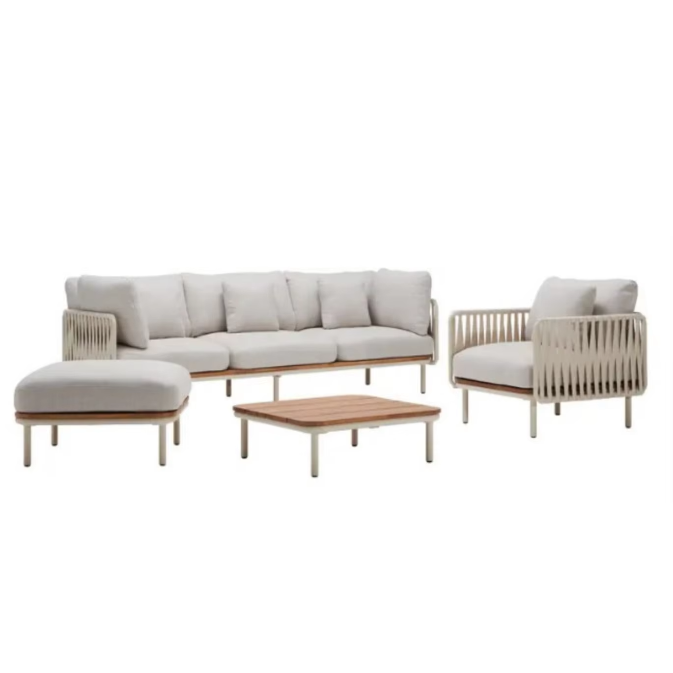 Outdoor Dining Set Natural Teak With Woven Rope And Cushion - Gemila