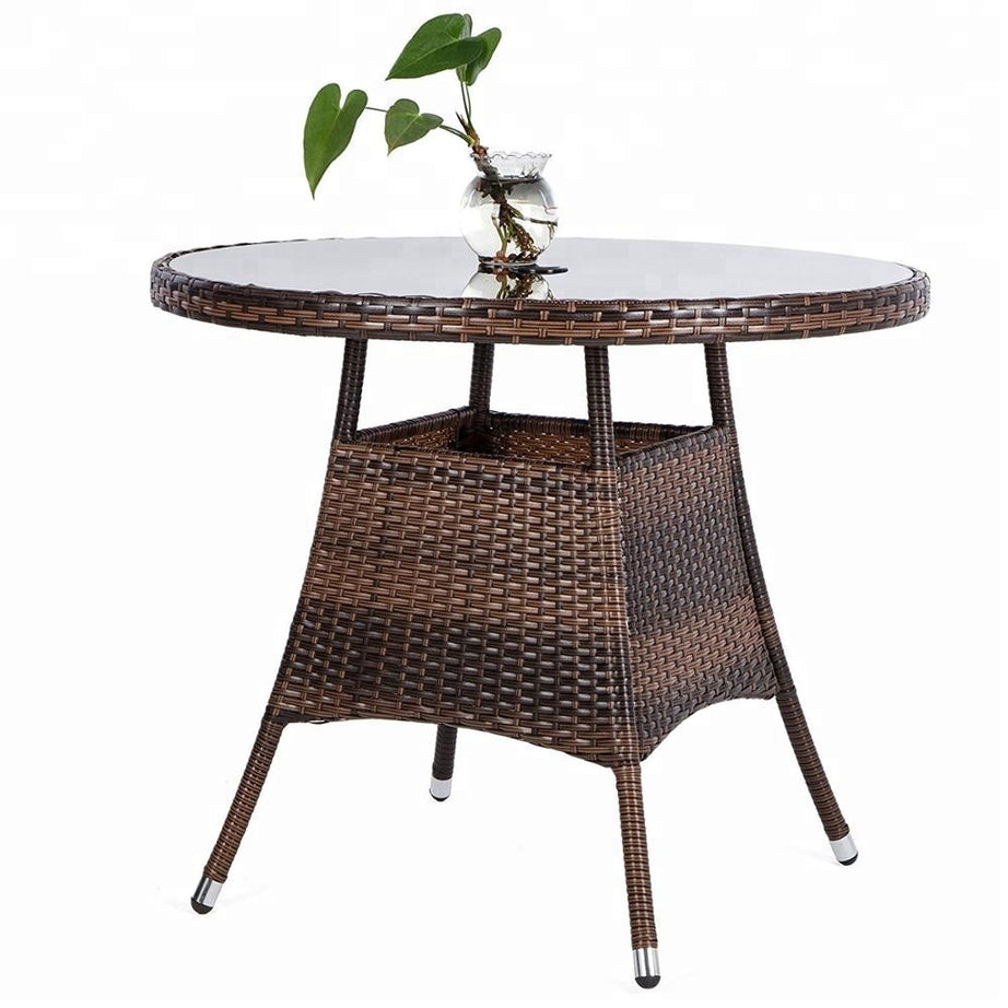 27.5" Round Patio Wicker Rattan Dining Table Tempered Glass Top Umbrella Hole rattan furniture