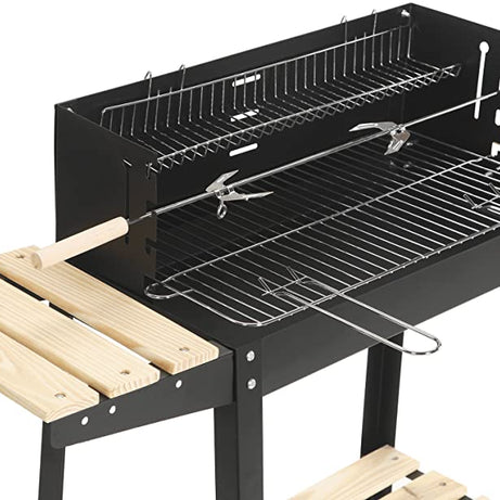 Portable Trolley Rectangular Steel Barbecue Charcoal Camping Grill With Wheels Wooden Shelves