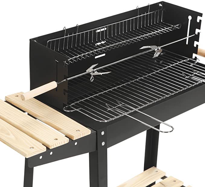 Portable Trolley Rectangular Steel Barbecue Charcoal Camping Grill With Wheels Wooden Shelves