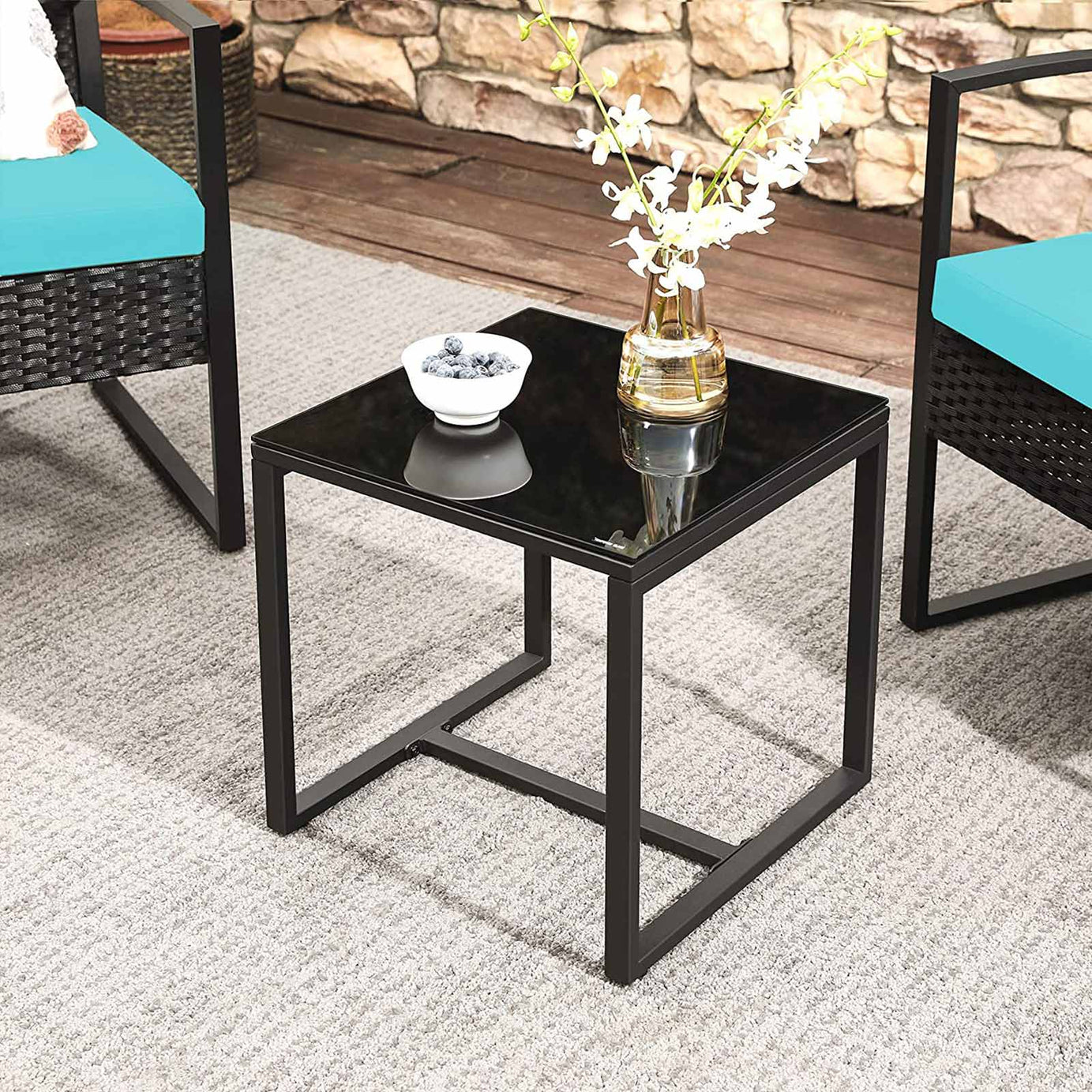 3 Pieces Outdoor Patio Wicker Furniture Set Metal Conversation Set Rattan Bistro Chair Set
