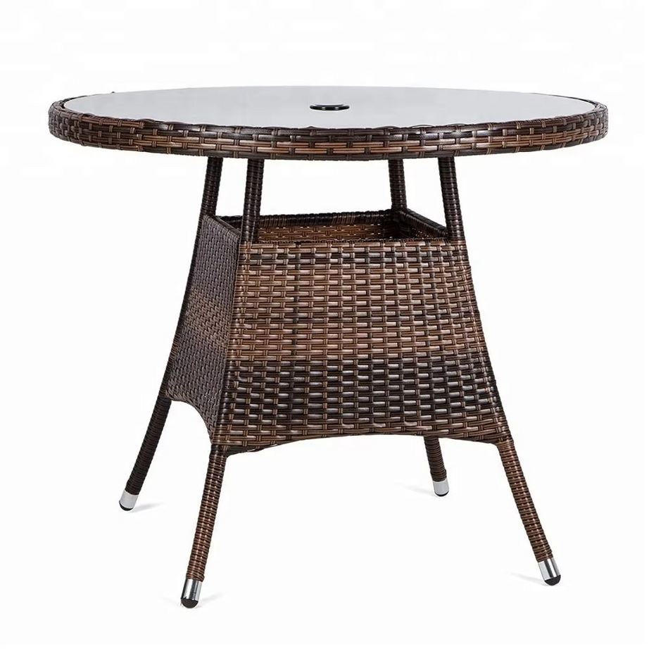 27.5" Round Patio Wicker Rattan Dining Table Tempered Glass Top Umbrella Hole rattan furniture