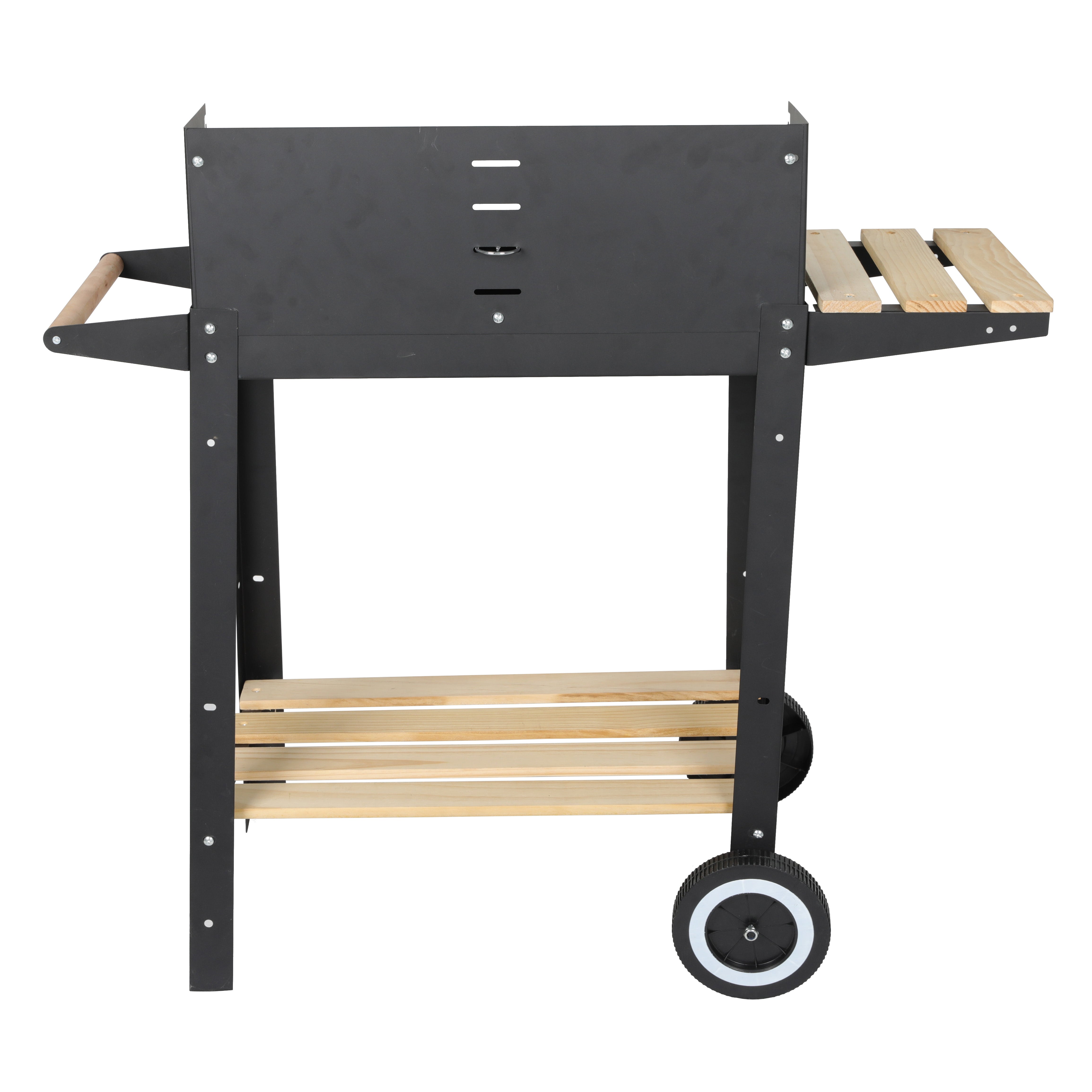 Portable Trolley Rectangular Steel Barbecue Charcoal Camping Grill With Wheels Wooden Shelves