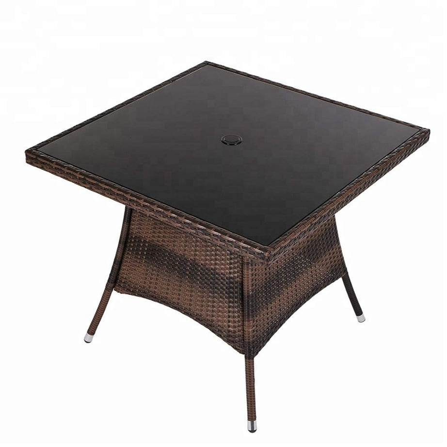 36" x 36" Patio Outdoor Wicker Rattan Dining Table Tempered Glass Top Umbrella Stand Square Table