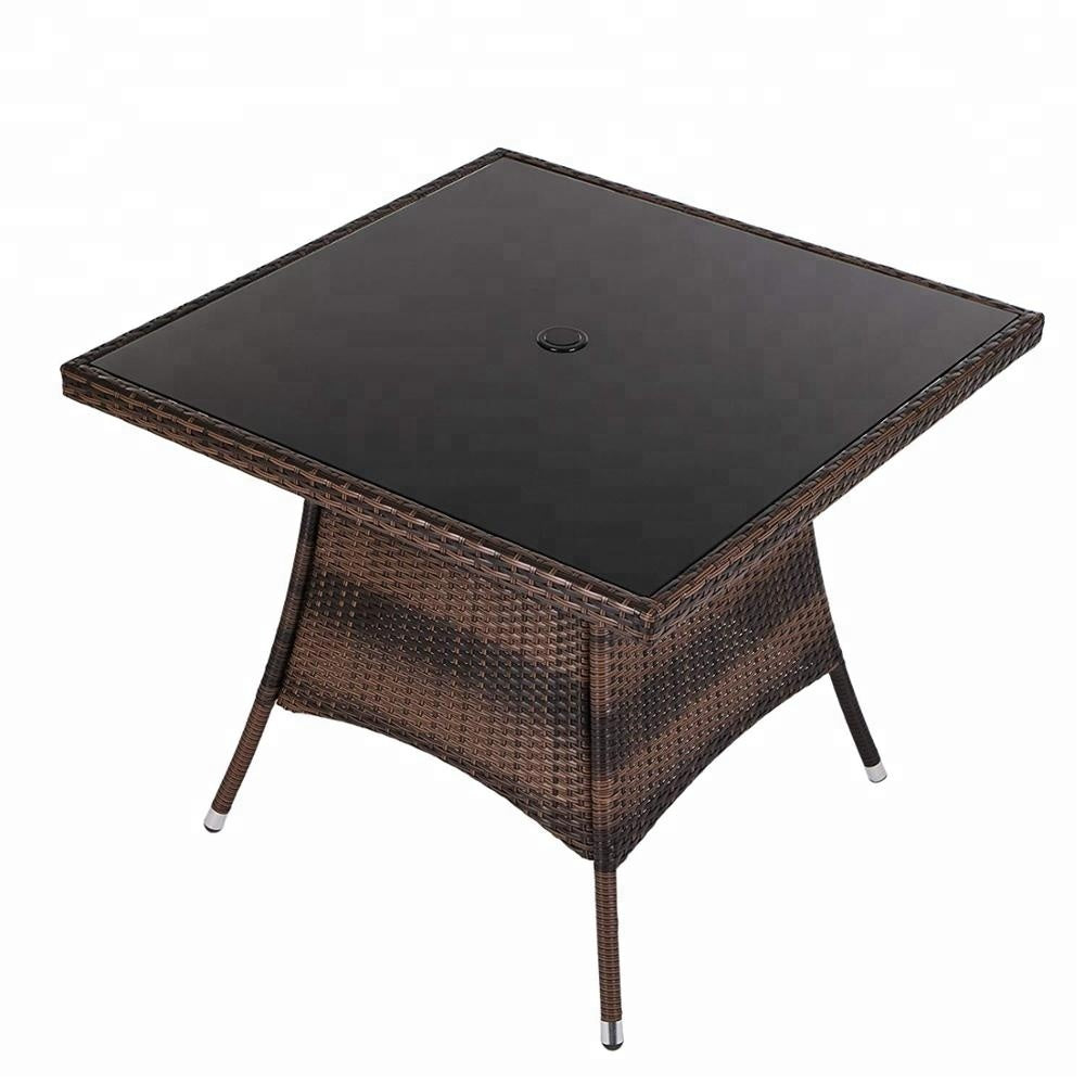 36" x 36" Patio Outdoor Wicker Rattan Dining Table Tempered Glass Top Umbrella Stand Square Table