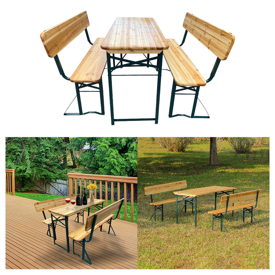 Wooden Folding Portable Party Beer Holder Bar Table Chair Set 3-piece Beer Table Set with Backrest Style Bench