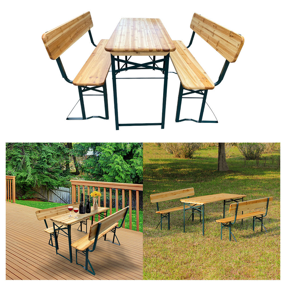 Wooden Folding Portable Party Beer Holder Bar Table Chair Set 3-piece Beer Table Set with Backrest Style Bench