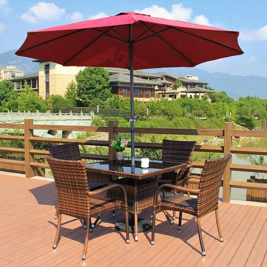 36" x 36" Patio Outdoor Wicker Rattan Dining Table Tempered Glass Top Umbrella Stand Square Table