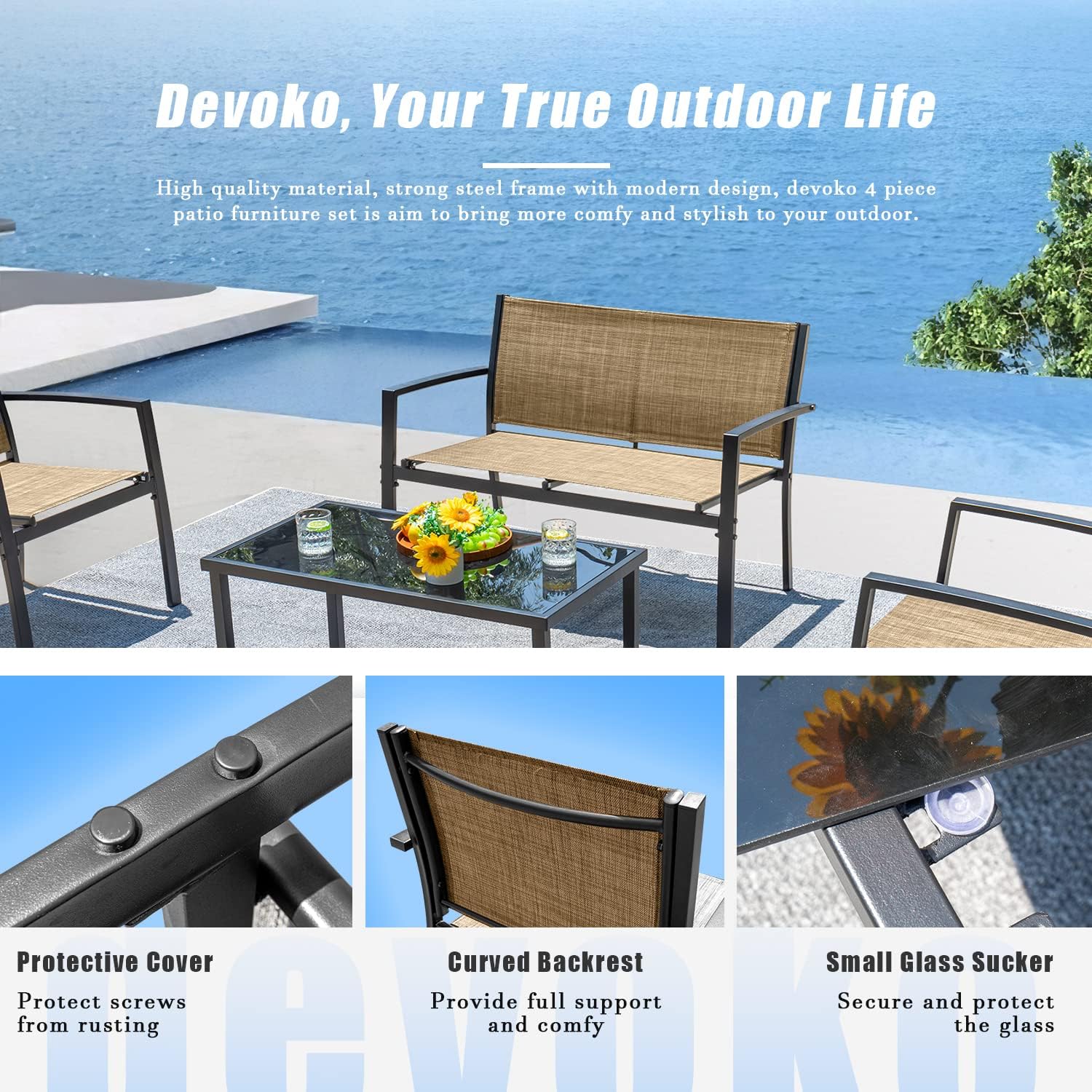 4 Pieces Steel Frame Modern Outdoor Garden Sofa Set Patio Furniture