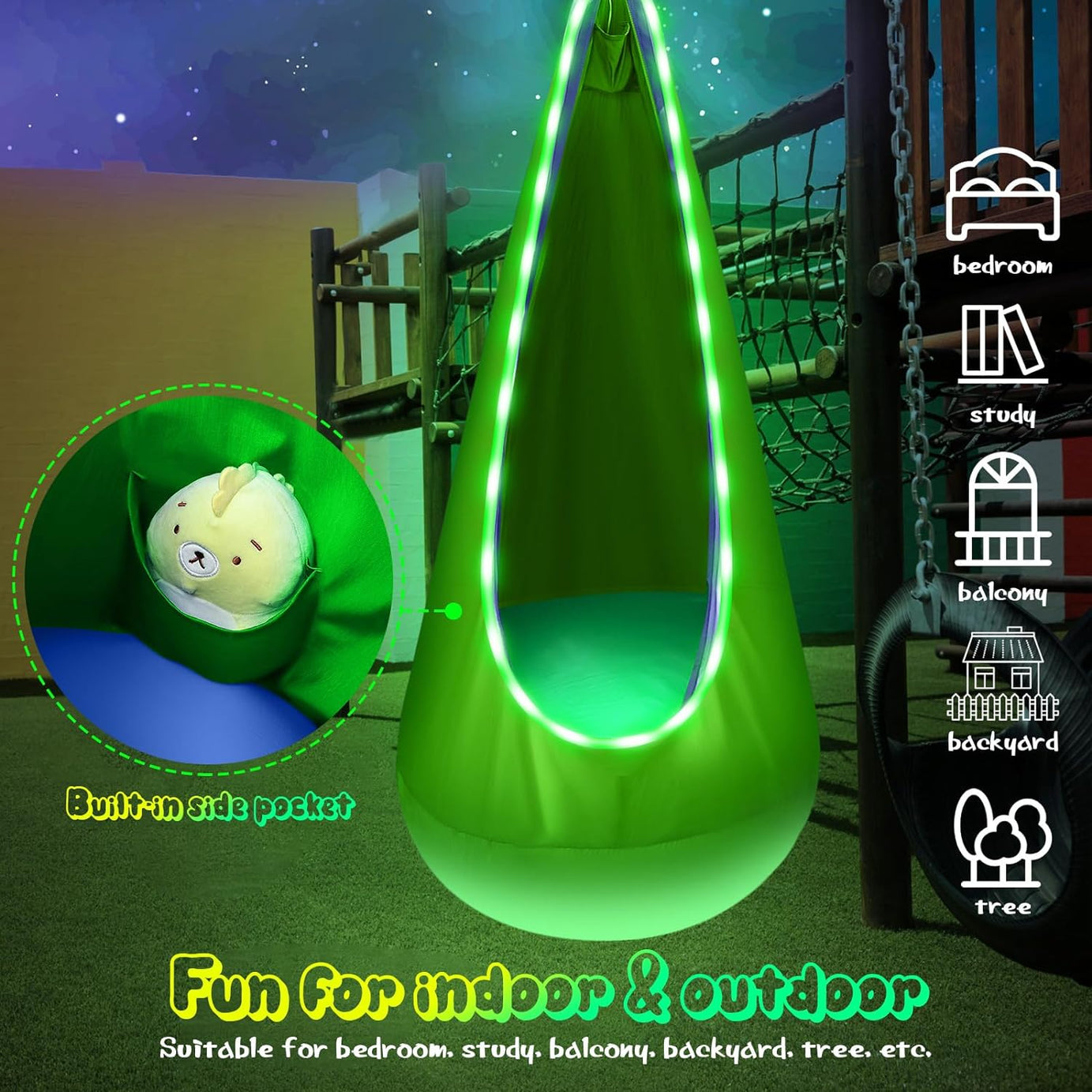 Indoor Outdoor Pod Swing Seat Kids Baby Hammock With Led Lights