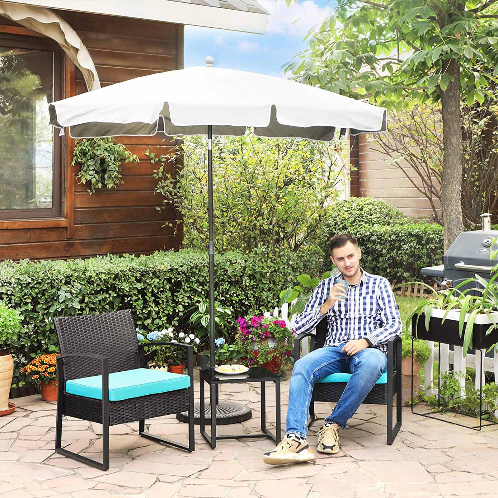 3 Pieces Outdoor Patio Wicker Furniture Set Metal Conversation Set Rattan Bistro Chair Set