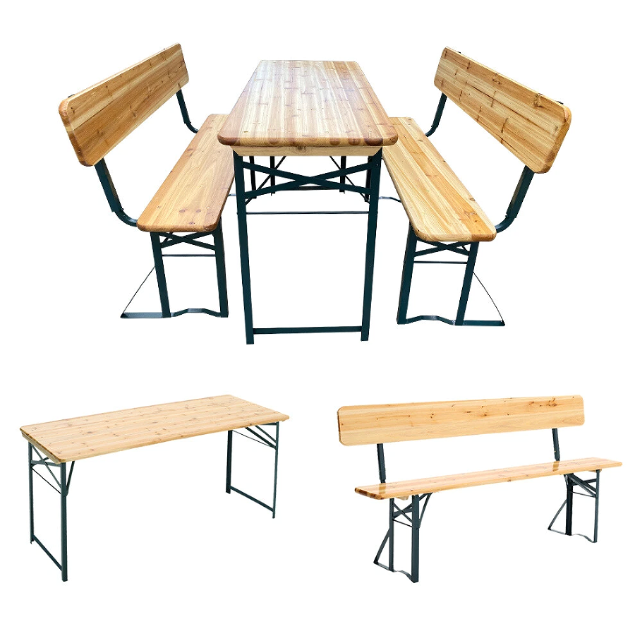 Wooden Folding Portable Party Beer Holder Bar Table Chair Set 3-piece Beer Table Set with Backrest Style Bench