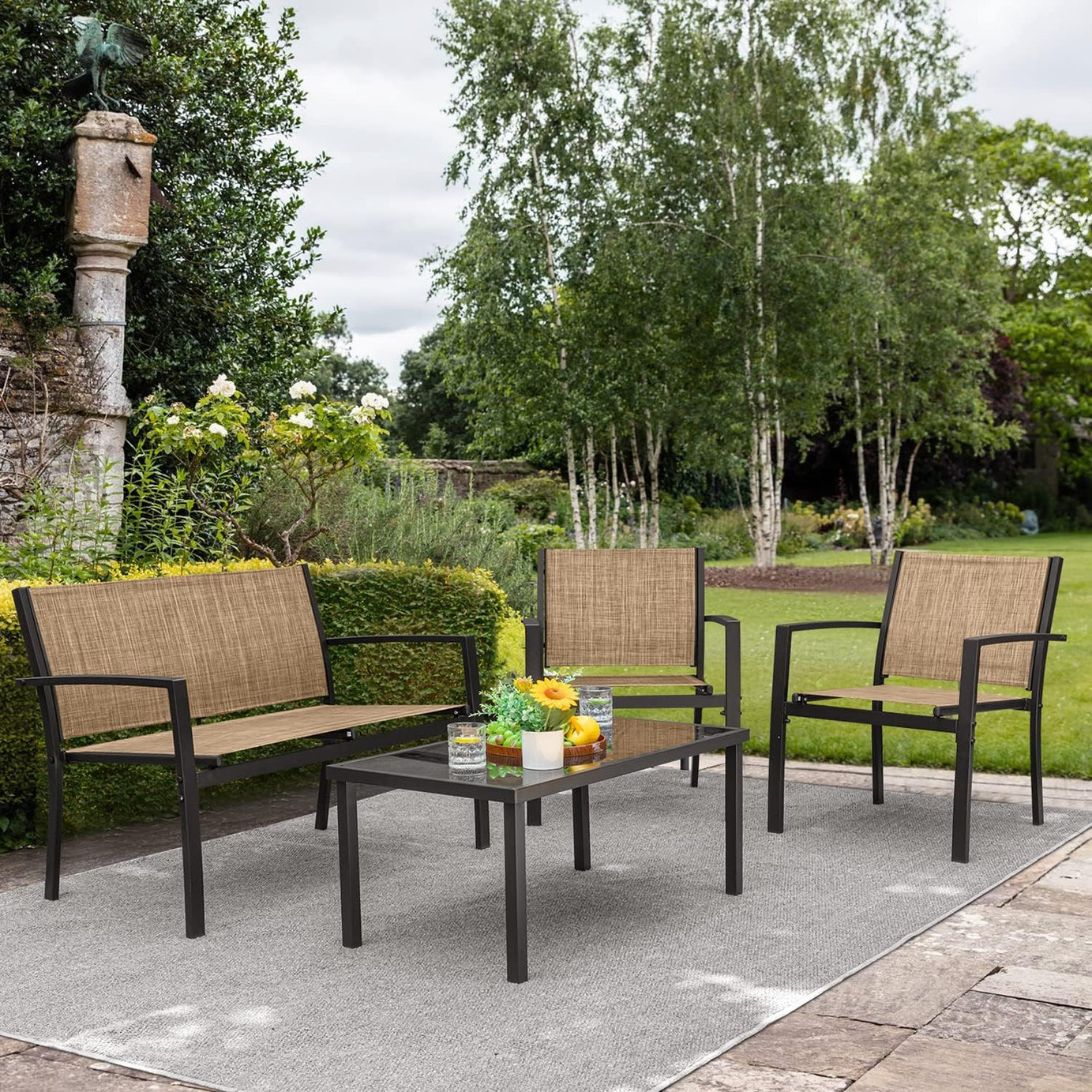 4 Pieces Steel Frame Modern Outdoor Garden Sofa Set Patio Furniture