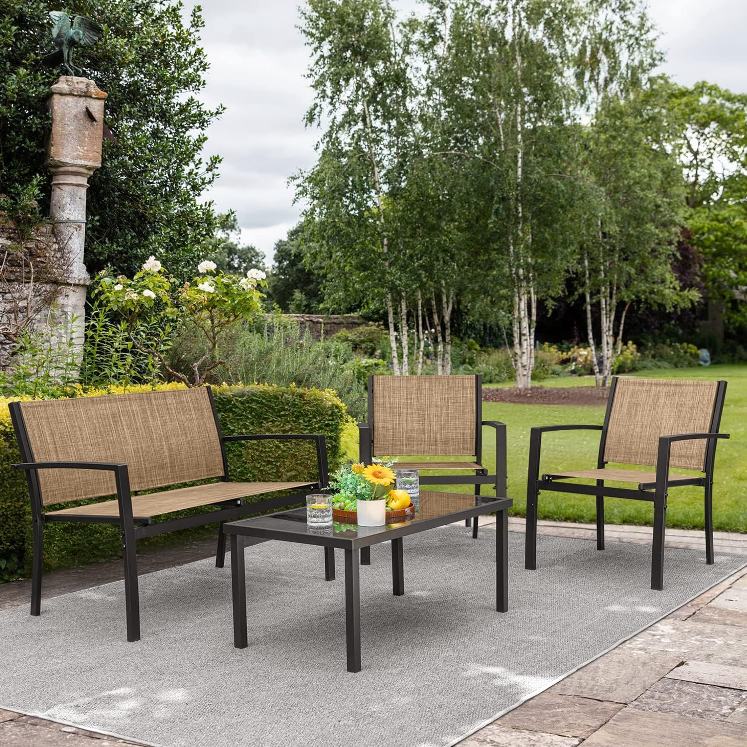 4 Pieces Steel Frame Modern Outdoor Garden Sofa Set Patio Furniture