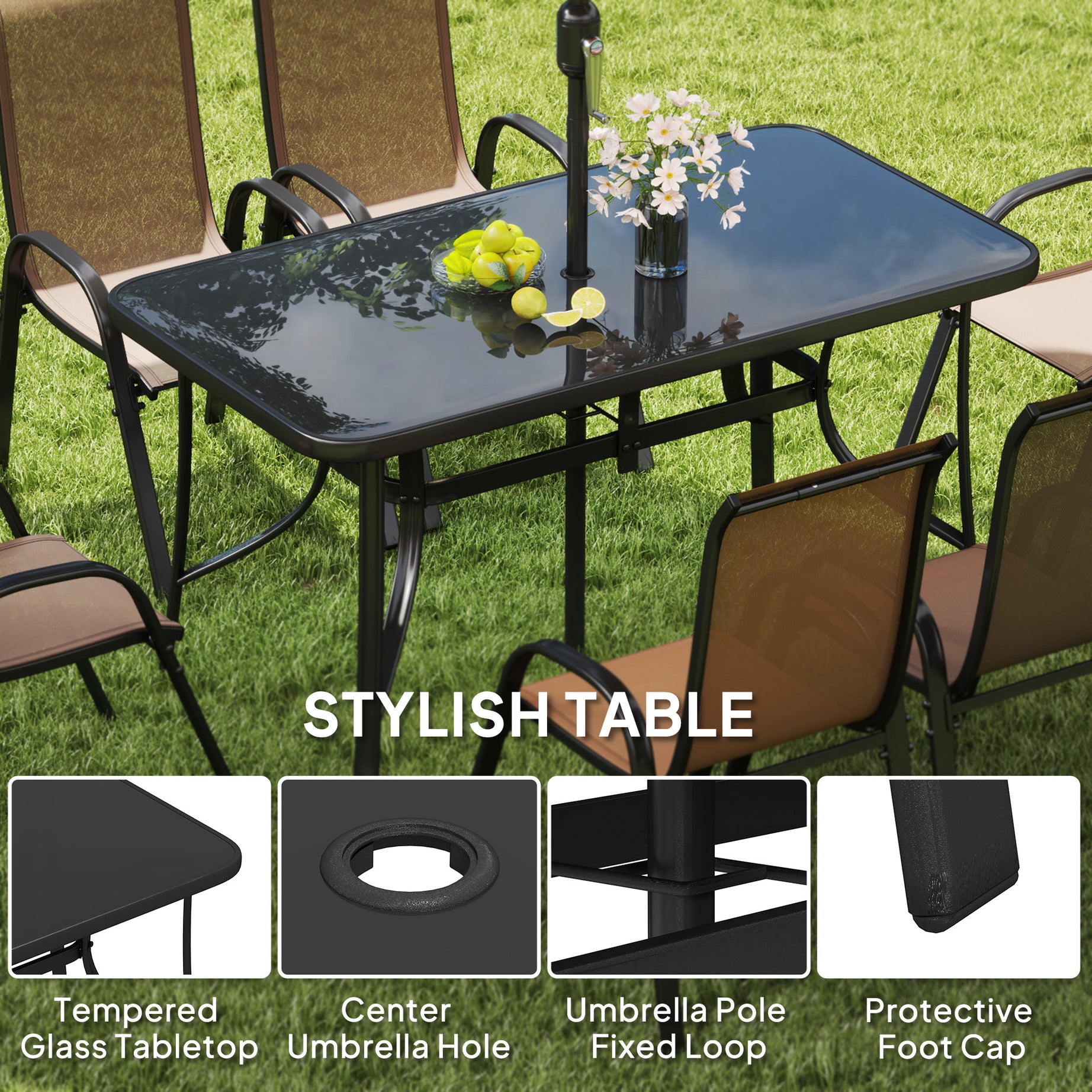 Modern 8 Pcs Tempered Table Chair Set Outdoor Bistro Garden Furniture For Patio Courtyard Apartment Dining