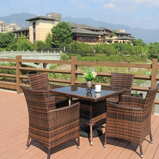 36" x 36" Patio Outdoor Wicker Rattan Dining Table Tempered Glass Top Umbrella Stand Square Table