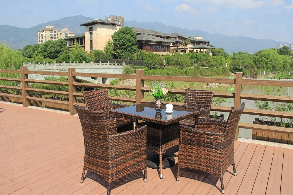 36" x 36" Patio Outdoor Wicker Rattan Dining Table Tempered Glass Top Umbrella Stand Square Table