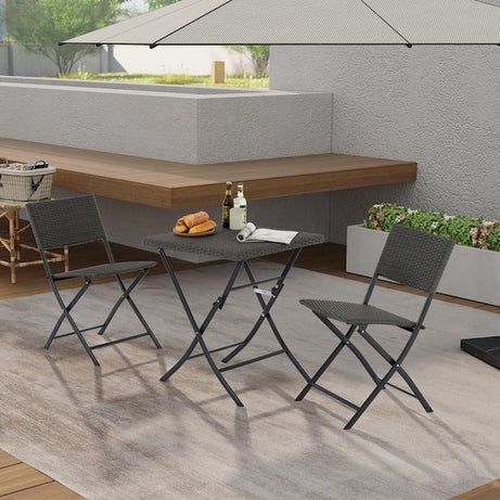 Garden Outdoor Black PE Rattan Folding Table Chair Set Plastic Square