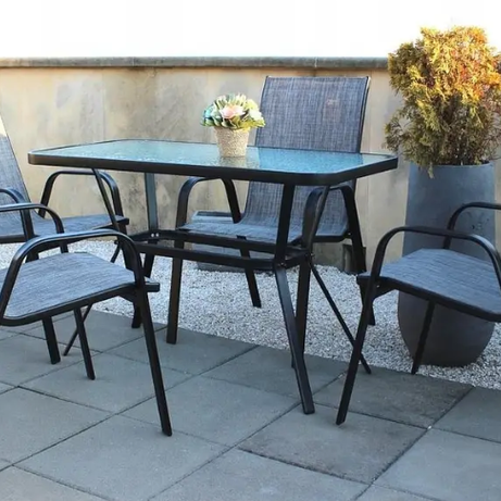 Gymbopro Outdoor Modern Metal Frame Courtyard Outdoor Furniture Set Water Grain Glass Table with Umbrella Hole