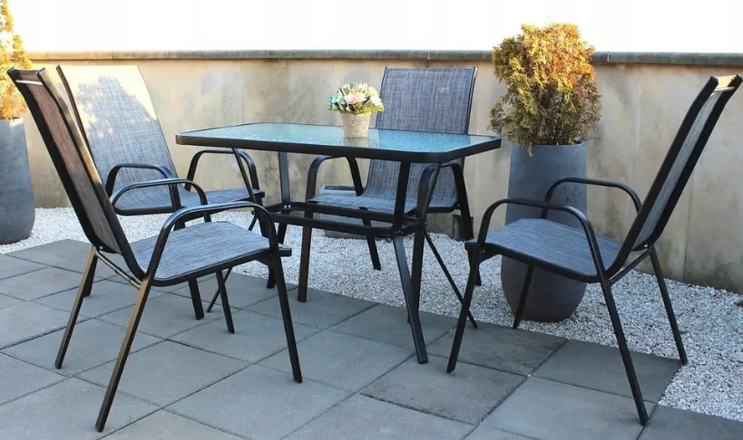 Gymbopro Outdoor Modern Metal Frame Courtyard Outdoor Furniture Set Water Grain Glass Table with Umbrella Hole