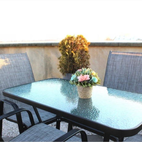 Gymbopro Outdoor Modern Metal Frame Courtyard Outdoor Furniture Set Water Grain Glass Table with Umbrella Hole