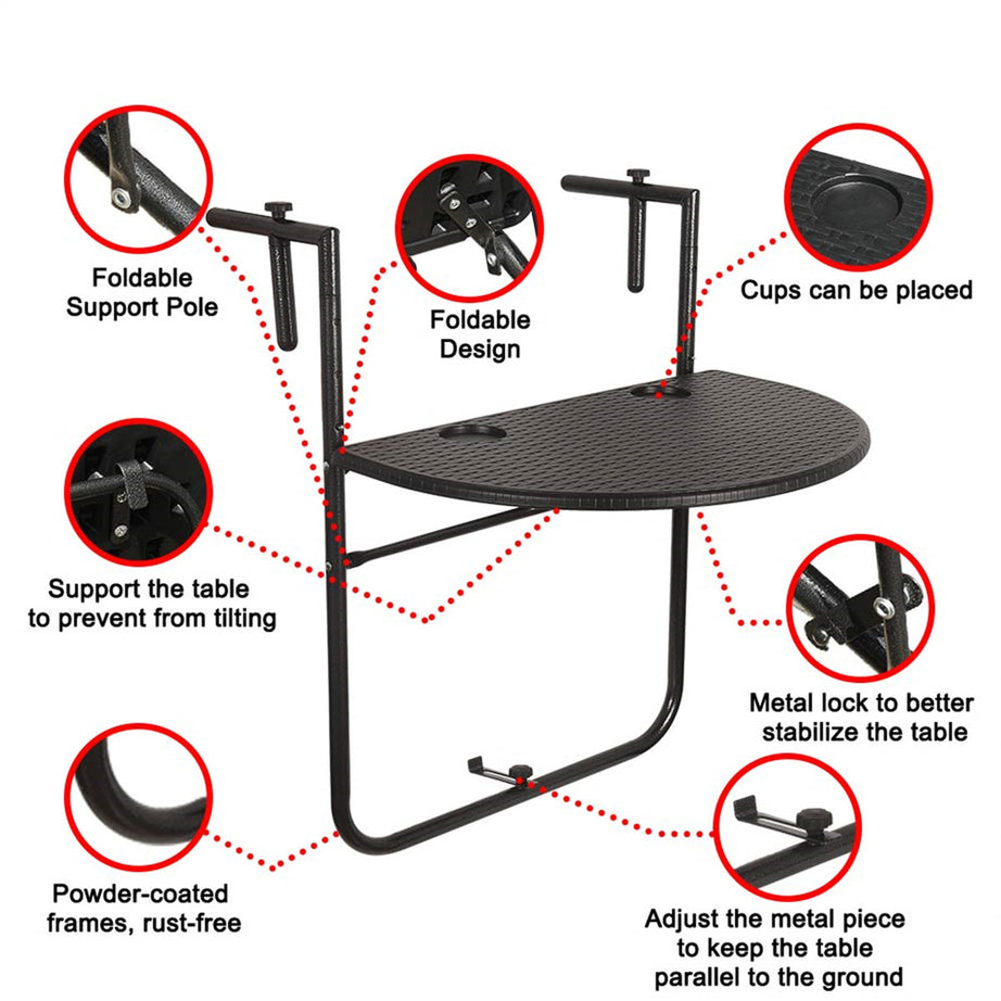 Adjustable Hdpe Wicker Side Table Garden Folding Hanging Balcony Railing Table