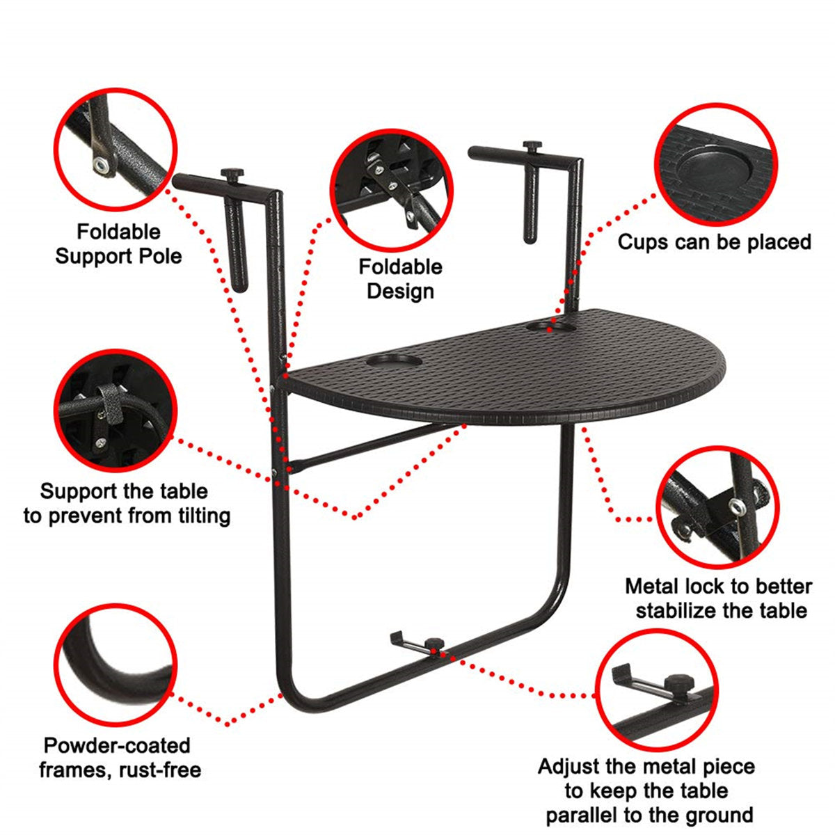 Adjustable Hdpe Wicker Side Table Garden Folding Hanging Balcony Railing Table
